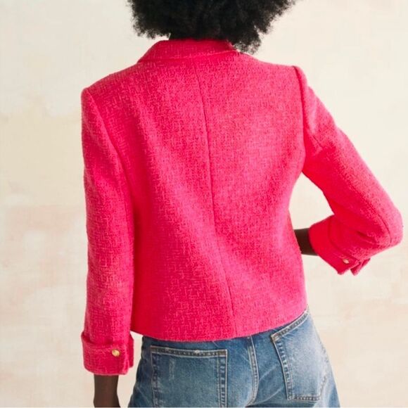 Zara Women's S Pink Fuchsia Tweed Textured Weave Blazer with Gold Buttons Accent - Picture 3 of 11